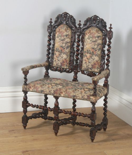 fig 2. Antique English Victorian Black Forest Carolean Oak & Tapestry Couch Sofa Settee (Circa 1870)