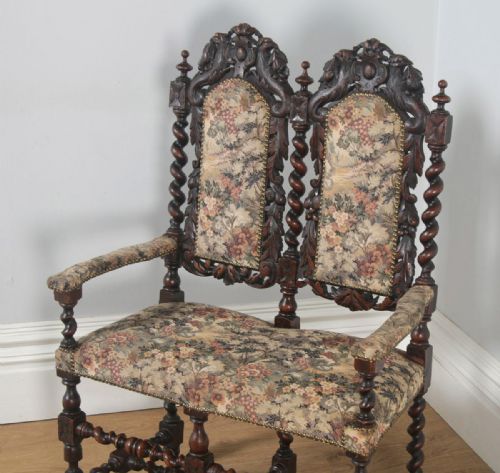 fig 3. Antique English Victorian Black Forest Carolean Oak & Tapestry Couch Sofa Settee (Circa 1870)