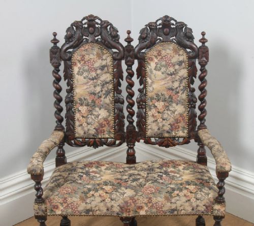 fig 4. Antique English Victorian Black Forest Carolean Oak & Tapestry Couch Sofa Settee (Circa 1870)