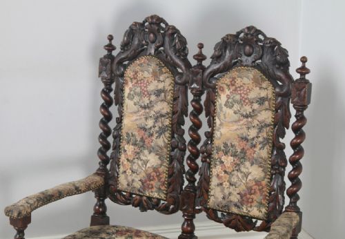 fig 5. Antique English Victorian Black Forest Carolean Oak & Tapestry Couch Sofa Settee (Circa 1870)