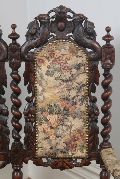 fig 7. Antique English Victorian Black Forest Carolean Oak & Tapestry Couch Sofa Settee (Circa 1870)