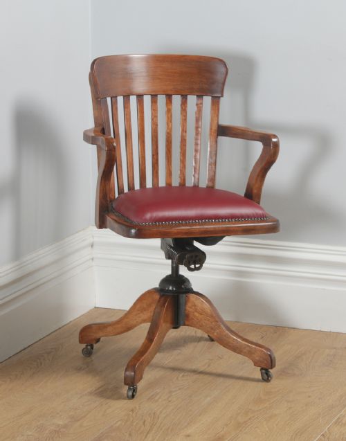 Antique English Edwardian Beech & Red Leather Revolving Office Desk Arm Chair (Circa 1910)