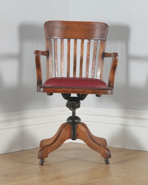 fig 1. Antique English Edwardian Beech & Red Leather Revolving Office Desk Arm Chair (Circa 1910)