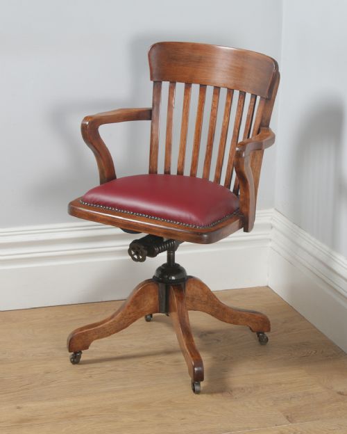 fig 2. Antique English Edwardian Beech & Red Leather Revolving Office Desk Arm Chair (Circa 1910)