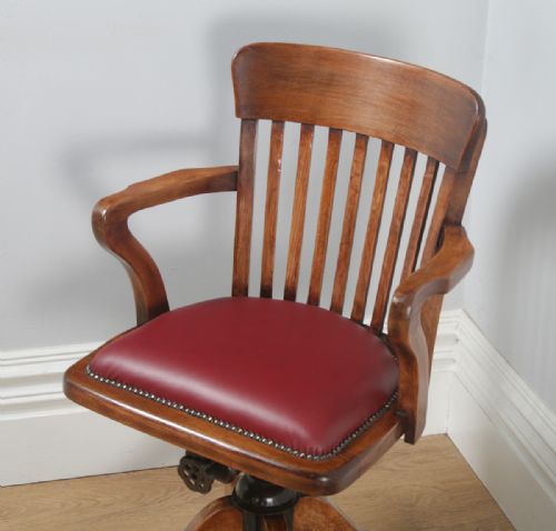 fig 3. Antique English Edwardian Beech & Red Leather Revolving Office Desk Arm Chair (Circa 1910)
