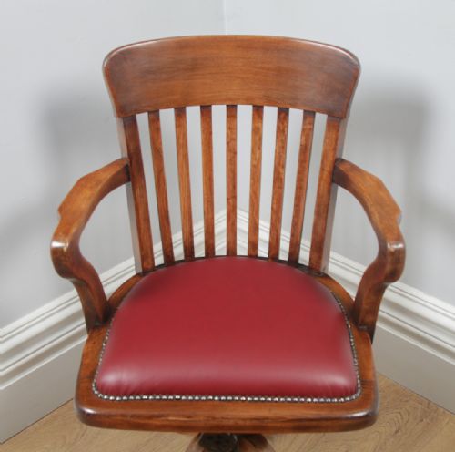 fig 4. Antique English Edwardian Beech & Red Leather Revolving Office Desk Arm Chair (Circa 1910)