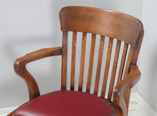 fig 5. Antique English Edwardian Beech & Red Leather Revolving Office Desk Arm Chair (Circa 1910)