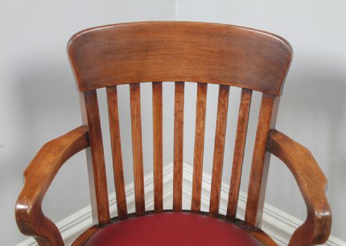 fig 6. Antique English Edwardian Beech & Red Leather Revolving Office Desk Arm Chair (Circa 1910)