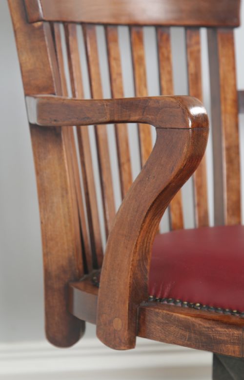 fig 7. Antique English Edwardian Beech & Red Leather Revolving Office Desk Arm Chair (Circa 1910)