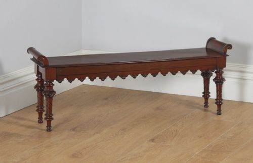 Antique English Victorian Gothic Carved Mahogany Window Seat / Bench / Stool (Circa 1840)