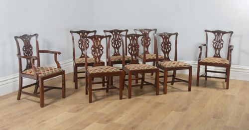 Antique English Set of Eight Georgian Chippendale Style Mahogany Dining Arm & Side Chairs (Circa 1900)
