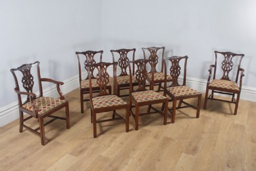 fig 1. Antique English Set of Eight Georgian Chippendale Style Mahogany Dining Arm & Side Chairs (Circa 1900)