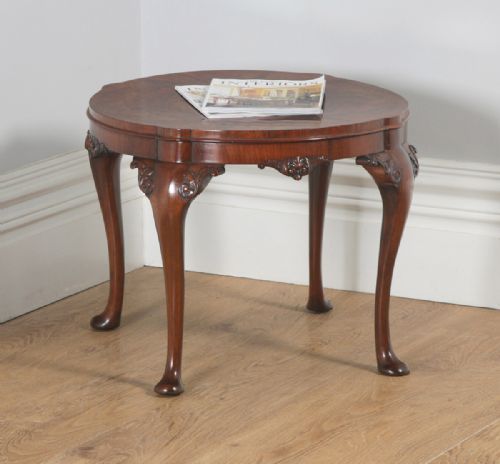 Antique English Queen Anne Style Carved Burr Walnut Circular Coffee Table (Circa 1920)