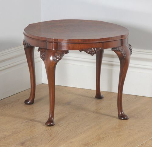 fig 1. Antique English Queen Anne Style Carved Burr Walnut Circular Coffee Table (Circa 1920)