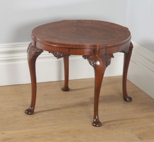 fig 3. Antique English Queen Anne Style Carved Burr Walnut Circular Coffee Table (Circa 1920)