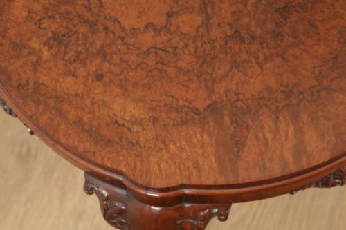 fig 5. Antique English Queen Anne Style Carved Burr Walnut Circular Coffee Table (Circa 1920)