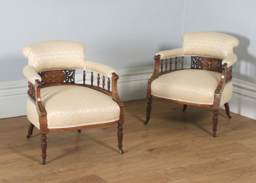 Antique Edwardian Pair of Rosewood & Mahogany Marquetry Inlaid Upholstered Salon Arm Chairs (Circa 1900)