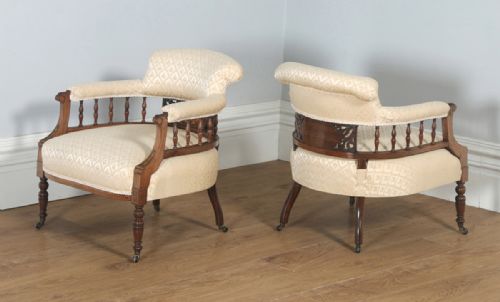 fig 1. Antique Edwardian Pair of Rosewood & Mahogany Marquetry Inlaid Upholstered Salon Arm Chairs (Circa 1900)
