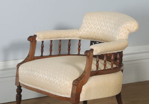 fig 2. Antique Edwardian Pair of Rosewood & Mahogany Marquetry Inlaid Upholstered Salon Arm Chairs (Circa 1900)