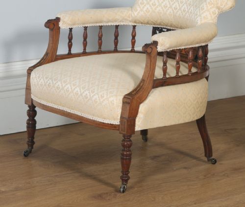 fig 3. Antique Edwardian Pair of Rosewood & Mahogany Marquetry Inlaid Upholstered Salon Arm Chairs (Circa 1900)