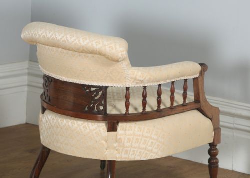 fig 4. Antique Edwardian Pair of Rosewood & Mahogany Marquetry Inlaid Upholstered Salon Arm Chairs (Circa 1900)