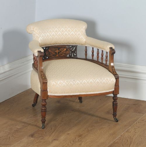 fig 5. Antique Edwardian Pair of Rosewood & Mahogany Marquetry Inlaid Upholstered Salon Arm Chairs (Circa 1900)