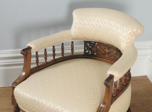 fig 6. Antique Edwardian Pair of Rosewood & Mahogany Marquetry Inlaid Upholstered Salon Arm Chairs (Circa 1900)