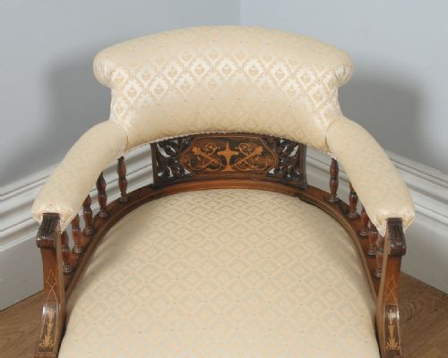 fig 7. Antique Edwardian Pair of Rosewood & Mahogany Marquetry Inlaid Upholstered Salon Arm Chairs (Circa 1900)