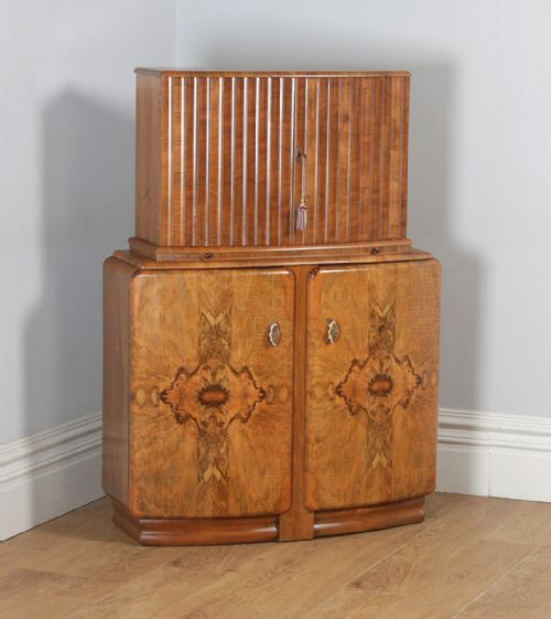 Antique English Art Deco Burr Walnut Cocktail Bar Drinks Bow Front Cabinet (Circa 1930)