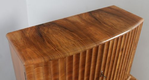 fig 1. Antique English Art Deco Burr Walnut Cocktail Bar Drinks Bow Front Cabinet (Circa 1930)