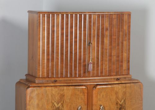 fig 2. Antique English Art Deco Burr Walnut Cocktail Bar Drinks Bow Front Cabinet (Circa 1930)