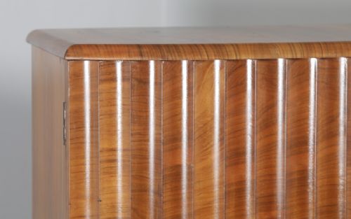 fig 3. Antique English Art Deco Burr Walnut Cocktail Bar Drinks Bow Front Cabinet (Circa 1930)