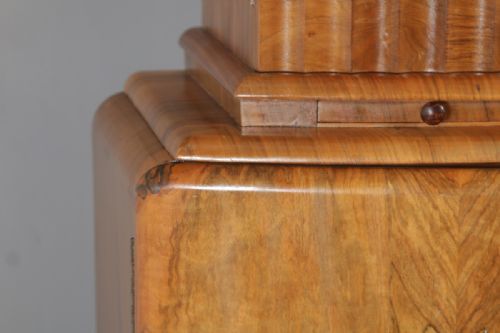 fig 5. Antique English Art Deco Burr Walnut Cocktail Bar Drinks Bow Front Cabinet (Circa 1930)