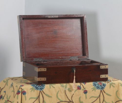 Antique Victorian Anglo Indian Colonial Campaign Teak & Brass Inlaid Writing / Jewellery / Sewing Box (Circa 1860)