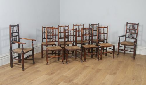Antique Georgian Set of 10 Ash & Elm Lancashire Spindle Back Country Farmhouse Kitchen Dining Chairs (Circa 1810)