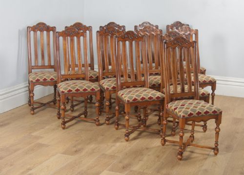 Antique Set of Twelve Belgian Louis Style Oak & Upholstered High Kitchen Dining Chairs by Rigaux (Circa 1920)
