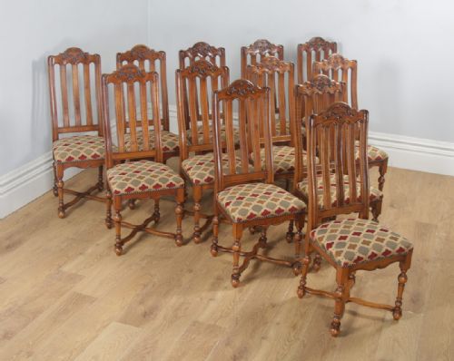 fig 1. Antique Set of Twelve Belgian Louis Style Oak & Upholstered High Kitchen Dining Chairs by Rigaux (Circa 1920)