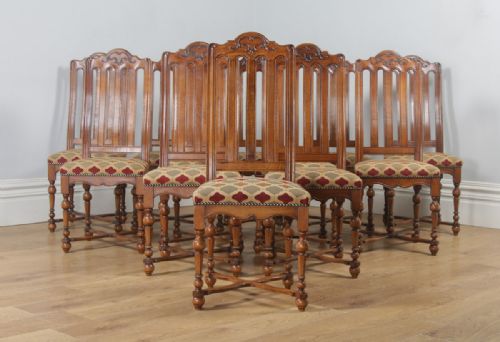 fig 2. Antique Set of Twelve Belgian Louis Style Oak & Upholstered High Kitchen Dining Chairs by Rigaux (Circa 1920)