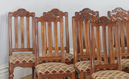 fig 3. Antique Set of Twelve Belgian Louis Style Oak & Upholstered High Kitchen Dining Chairs by Rigaux (Circa 1920)
