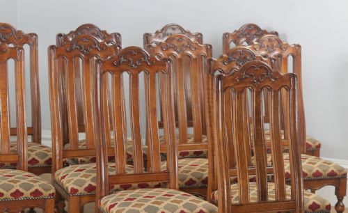 fig 4. Antique Set of Twelve Belgian Louis Style Oak & Upholstered High Kitchen Dining Chairs by Rigaux (Circa 1920)