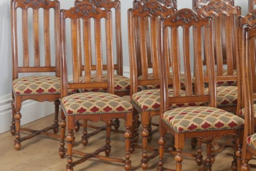 fig 5. Antique Set of Twelve Belgian Louis Style Oak & Upholstered High Kitchen Dining Chairs by Rigaux (Circa 1920)