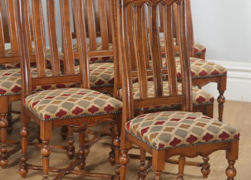 fig 6. Antique Set of Twelve Belgian Louis Style Oak & Upholstered High Kitchen Dining Chairs by Rigaux (Circa 1920)