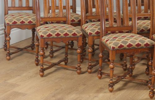 fig 7. Antique Set of Twelve Belgian Louis Style Oak & Upholstered High Kitchen Dining Chairs by Rigaux (Circa 1920)