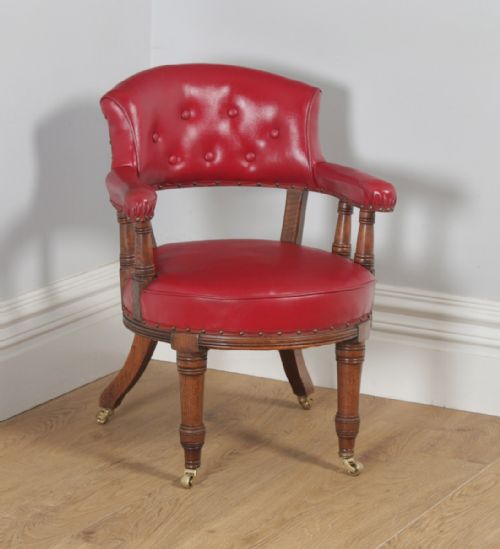 Antique Edwardian Oak & Crimson Red Faux Leather Office Desk Arm Chair (Circa 1900)
