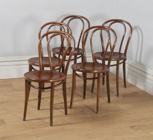 fig 4. Antique Set of Five Thonet Fischel Bentwood Beech Hoop Back Kitchen Bistro Cafe Dining Chairs (Circa 1920)