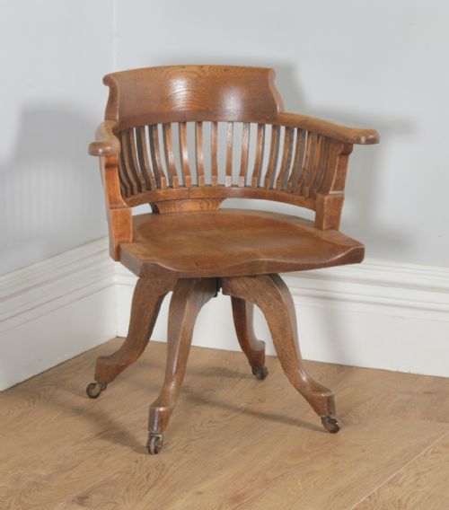 Antique English Victorian Oak Revolving Office Desk Arm Chair (Circa 1890)