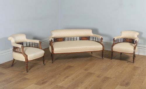 Antique Edwardian Three Piece Rosewood & Mahogany Marquetry Inlaid Upholstered Salon Sofa & Pair of Armchairs Suite (Circa 1900)