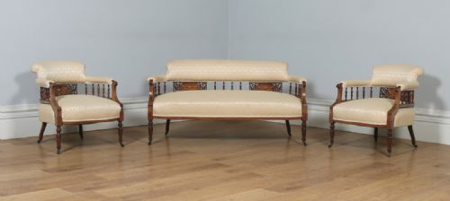fig 1. Antique Edwardian Three Piece Rosewood & Mahogany Marquetry Inlaid Upholstered Salon Sofa & Pair of Armchairs Suite (Circa 1900)