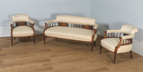 fig 2. Antique Edwardian Three Piece Rosewood & Mahogany Marquetry Inlaid Upholstered Salon Sofa & Pair of Armchairs Suite (Circa 1900)
