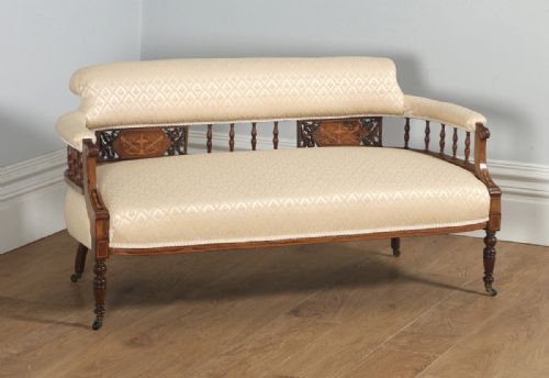 fig 3. Antique Edwardian Three Piece Rosewood & Mahogany Marquetry Inlaid Upholstered Salon Sofa & Pair of Armchairs Suite (Circa 1900)